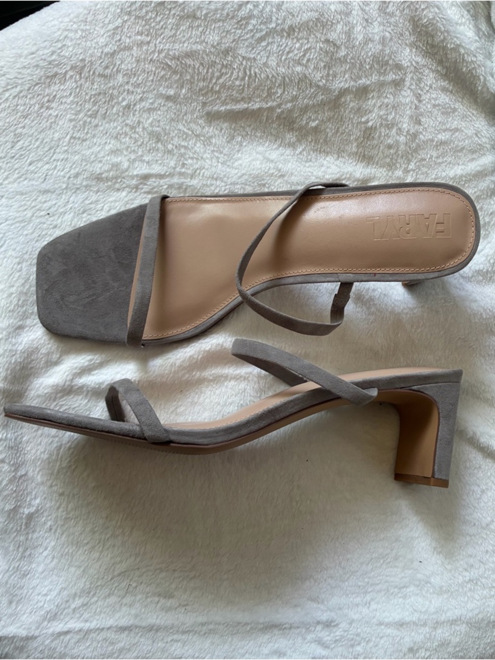 Faryl Taupe Strappy Square-Toe Mid Heel Sandals